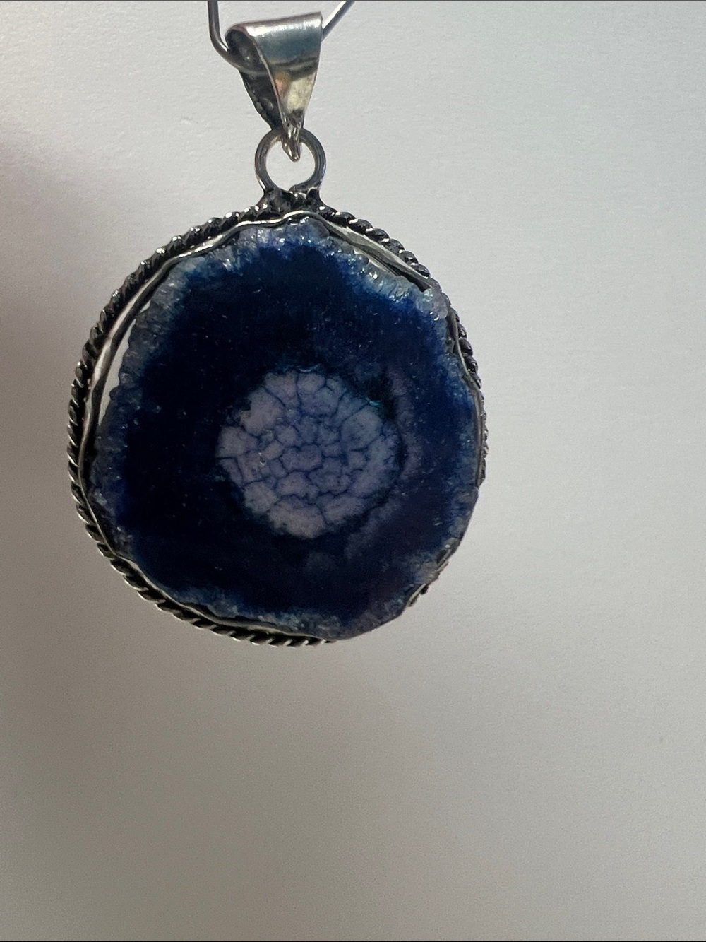 Deep Blue Agate Slice Pendant Necklace in Silver-Tone Setting